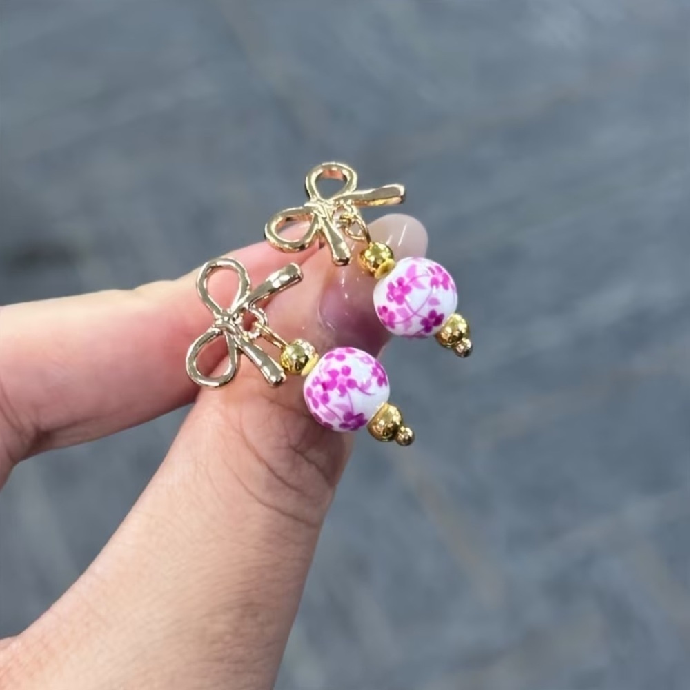 NEW Cute Gold and Pink Bow Cherry Blossom Ceramic Bead Earrings 🌸
